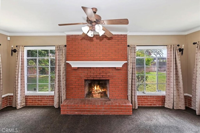 1350 E Chase Dr, Corona, CA 92881 - unfurnished living room with carpet flooring, plenty of natural light, a fireplace, ornamental molding, and ceiling fan