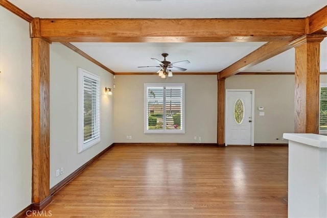 1350 E Chase Dr, Corona, CA 92881 - foyer entrance featuring beamed ceiling, light wood-style floors, a ceiling fan, and crown molding