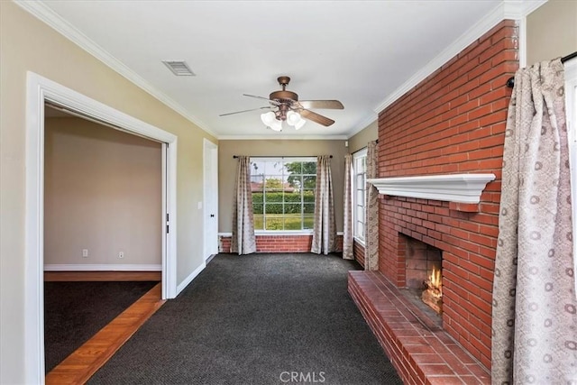 1350 E Chase Dr, Corona, CA 92881 - unfurnished living room with ornamental molding, a ceiling fan, carpet floors, and a brick fireplace