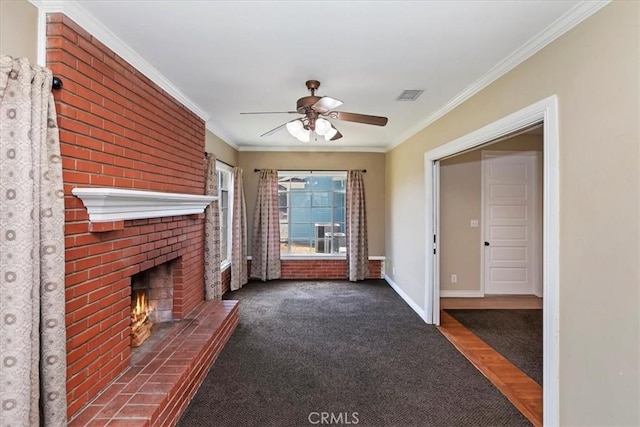 1350 E Chase Dr, Corona, CA 92881 - unfurnished living room featuring a fireplace, crown molding, a ceiling fan, and carpet floors