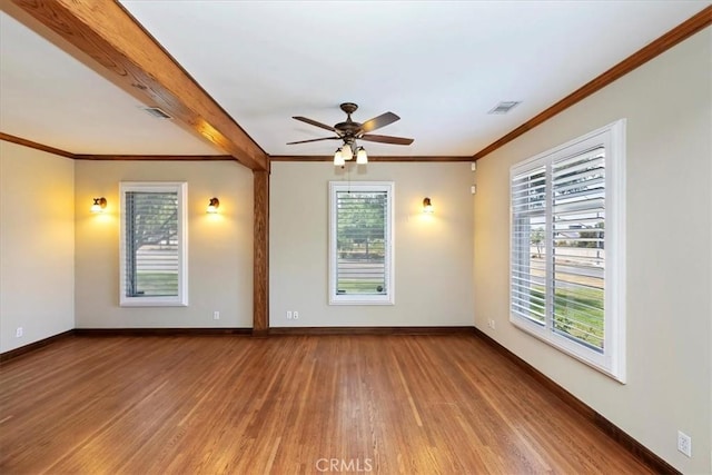 1350 E Chase Dr, Corona, CA 92881 - empty room with light wood-style floors, ornamental molding, and a ceiling fan