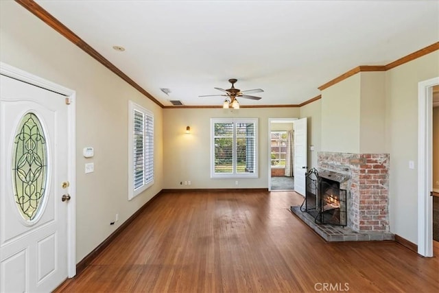 1350 E Chase Dr, Corona, CA 92881 - foyer with crown molding, wood finished floors, a ceiling fan, and a brick fireplace