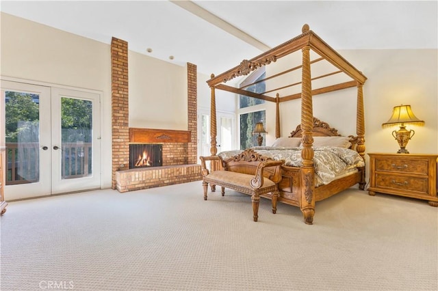 28161 Haria, Mission Viejo, CA 92692 - carpeted bedroom featuring access to outside, french doors, a brick fireplace, and high vaulted ceiling