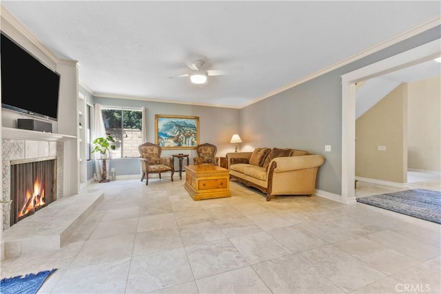 28161 Haria, Mission Viejo, CA 92692 - living area with ornamental molding, a fireplace, and ceiling fan