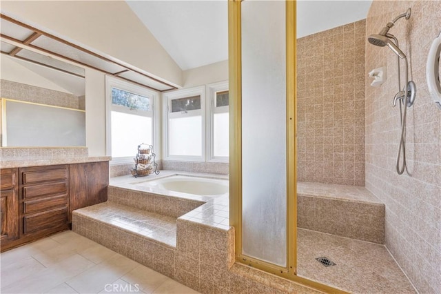 28161 Haria, Mission Viejo, CA 92692 - full bath featuring tiled shower, lofted ceiling, a bath, and tile patterned flooring