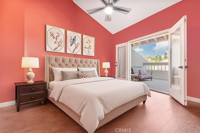 28161 Haria, Mission Viejo, CA 92692 - bedroom featuring access to exterior, light wood-style flooring, high vaulted ceiling, and a ceiling fan