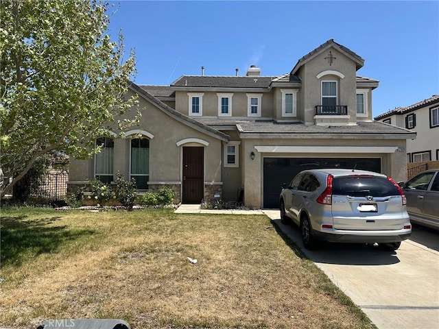 37920 Pisces Cir, Palmdale, CA 93552 - view of front of house featuring stucco siding, concrete driveway, an attached garage, a front lawn, and a chimney