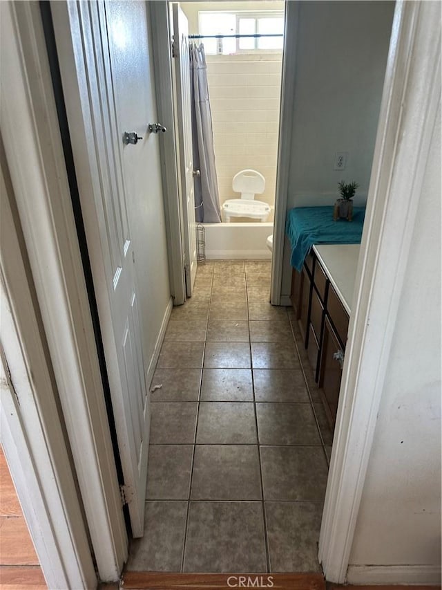 37920 Pisces Cir, Palmdale, CA 93552 - full bathroom with tile patterned floors, vanity, and shower / bathtub combination with curtain