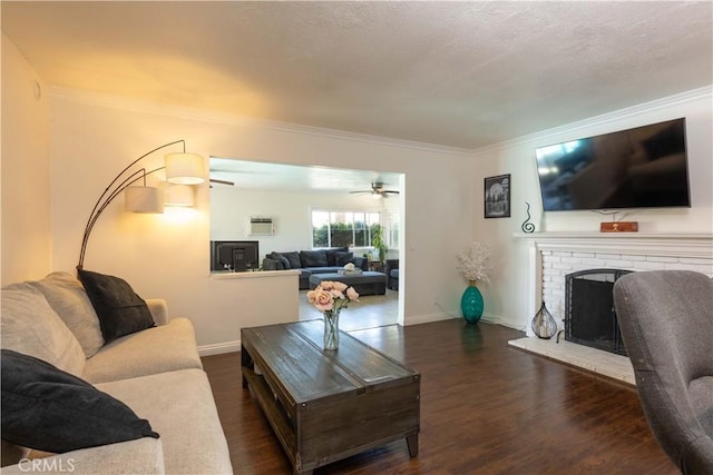 2091 Ridgeview, Corona, CA 92882 - living room featuring ornamental molding, ceiling fan, wood finished floors, and a brick fireplace