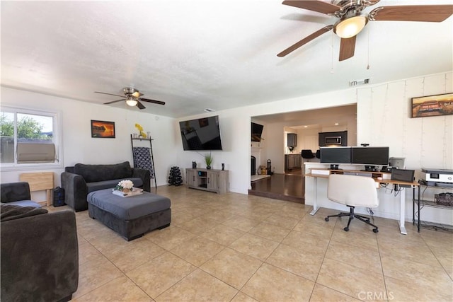 2091 Ridgeview, Corona, CA 92882 - living area with ceiling fan, a desk, and light tile patterned flooring