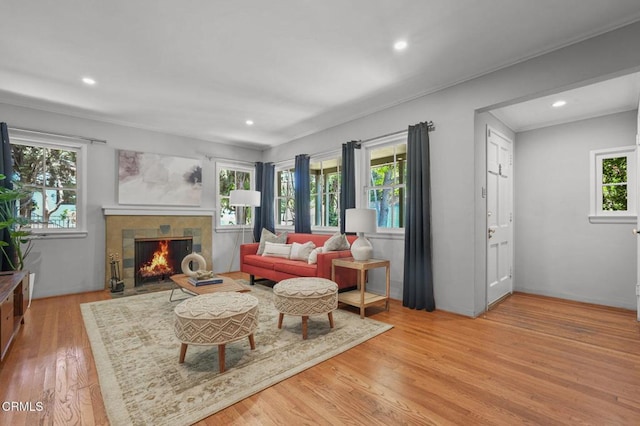 664 Monterey Rd, South Pasadena, CA 91030 - living area featuring light wood-style floors, a tile fireplace, and recessed lighting