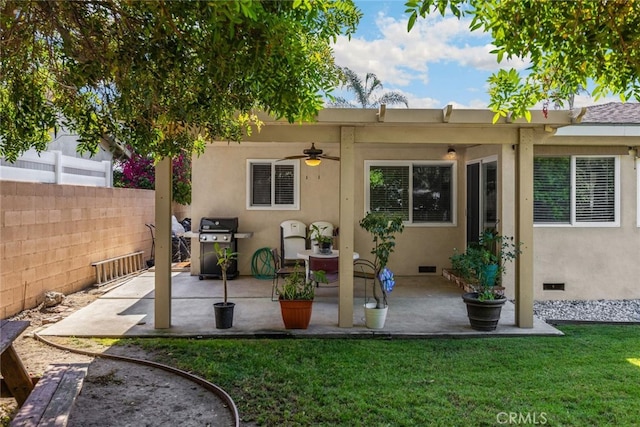 1344 S Douglas St, Santa Ana, CA 92704 - rear view of house featuring a ceiling fan, a patio, crawl space, and stucco siding