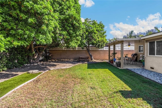 1344 S Douglas St, Santa Ana, CA 92704 - fenced backyard featuring a ceiling fan and a patio