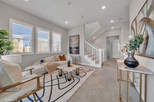 319 Sawbuck, Irvine, CA 92618 - carpeted living room featuring stairway and recessed lighting