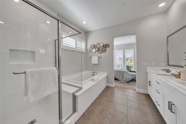 319 Sawbuck, Irvine, CA 92618 - bathroom featuring double vanity, a shower stall, a bath, tile patterned floors, and connected bathroom