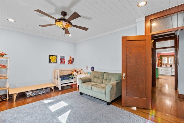 1719 Monte Vista St, Pasadena, CA 91106 - living area with wood finished floors, ceiling fan, ornamental molding, recessed lighting, and wooden ceiling