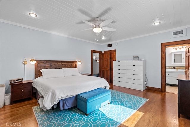 1719 Monte Vista St, Pasadena, CA 91106 - bedroom with wood finished floors, ornamental molding, a ceiling fan, ensuite bathroom, and wood ceiling