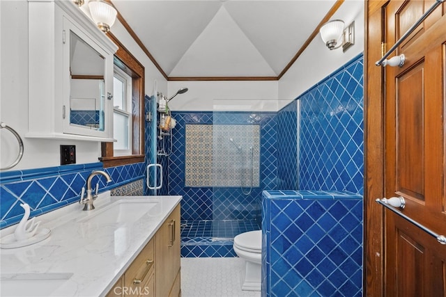 1719 Monte Vista St, Pasadena, CA 91106 - full bath featuring tile walls, tile patterned flooring, double vanity, lofted ceiling, and ornamental molding