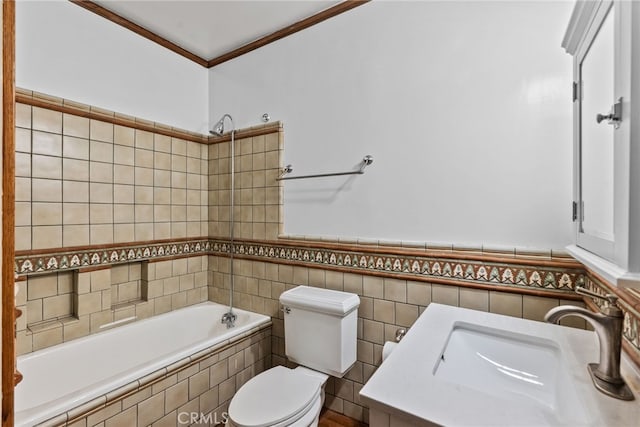 1719 Monte Vista St, Pasadena, CA 91106 - full bathroom featuring tile walls, crown molding, tiled shower / bath combo, and wainscoting