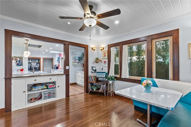 1719 Monte Vista St, Pasadena, CA 91106 - sitting room featuring wood finished floors, wood ceiling, recessed lighting, and a ceiling fan