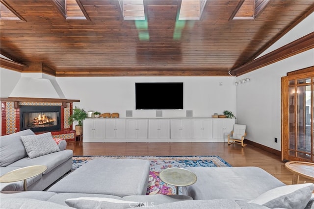 1719 Monte Vista St, Pasadena, CA 91106 - living room featuring wood ceiling, wood finished floors, a tile fireplace, and vaulted ceiling