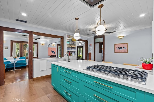 1719 Monte Vista St, Pasadena, CA 91106 - kitchen featuring stainless steel gas cooktop, ceiling fan, light wood-style flooring, wood ceiling, and light countertops