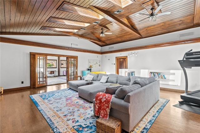 1719 Monte Vista St, Pasadena, CA 91106 - living area featuring wood ceiling, ceiling fan, a skylight, wood finished floors, and french doors