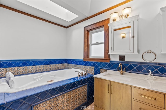 1719 Monte Vista St, Pasadena, CA 91106 - bathroom with vanity, a garden tub, wainscoting, tile walls, and ornamental molding