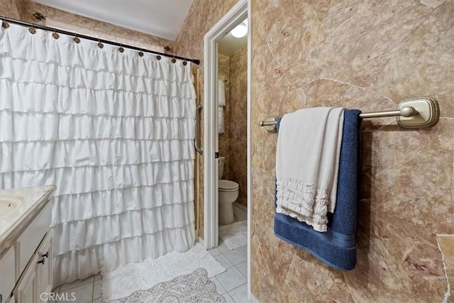 5129 W Pinehurst Dr, Banning, CA 92220 - bathroom with tile patterned flooring, vanity, and a shower with shower curtain
