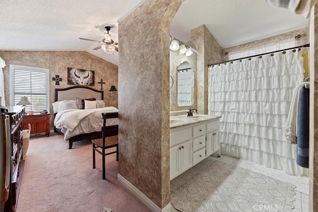 5129 W Pinehurst Dr, Banning, CA 92220 - bedroom with a textured ceiling, lofted ceiling, light carpet, and a ceiling fan