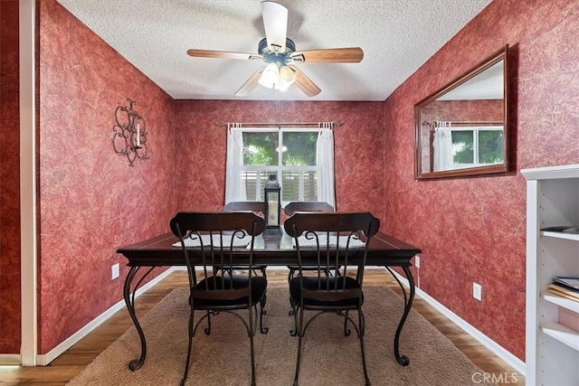 5129 W Pinehurst Dr, Banning, CA 92220 - dining room featuring wood finished floors, a textured ceiling, and a ceiling fan
