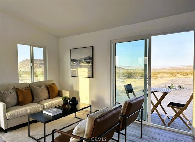 55354 El Lobo Rd, Landers, CA 92285 - living room featuring wood finished floors, vaulted ceiling, and a mountain view