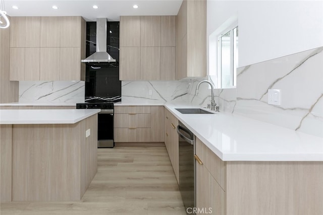 15009 Wyandotte St, Van Nuys, CA 91405 - kitchen featuring light brown cabinets, modern cabinets, wall chimney exhaust hood, dishwasher, and recessed lighting