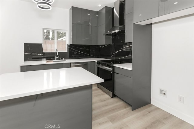 15009 Wyandotte St, Van Nuys, CA 91405 - kitchen with gray cabinets, modern cabinets, wall chimney range hood, electric range, and backsplash