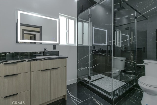 15009 Wyandotte St, Van Nuys, CA 91405 - full bathroom with vanity, marble tiled flooring, and a marble finish shower