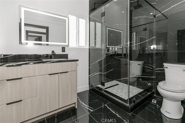 15009 Wyandotte St, Van Nuys, CA 91405 - bathroom with vanity, a marble finish shower, and marble finish flooring