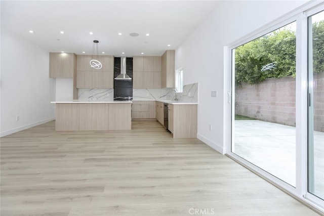 15009 Wyandotte St, Van Nuys, CA 91405 - kitchen with modern cabinets, light brown cabinets, dishwasher, wall chimney exhaust hood, and decorative backsplash