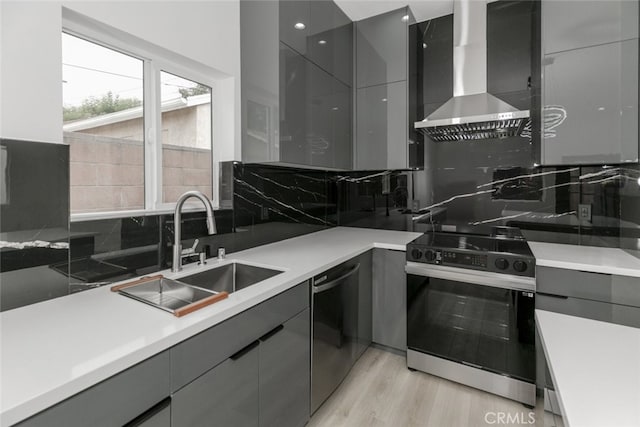 15009 Wyandotte St, Van Nuys, CA 91405 - kitchen with gray cabinetry, stainless steel appliances, wall chimney range hood, tasteful backsplash, and modern cabinets