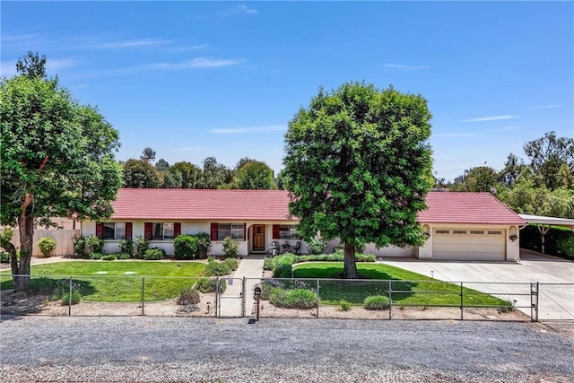25270 Tradewinds Dr, Menifee, CA 92585 - ranch-style home with a tiled roof, a garage, stucco siding, concrete driveway, and a fenced front yard