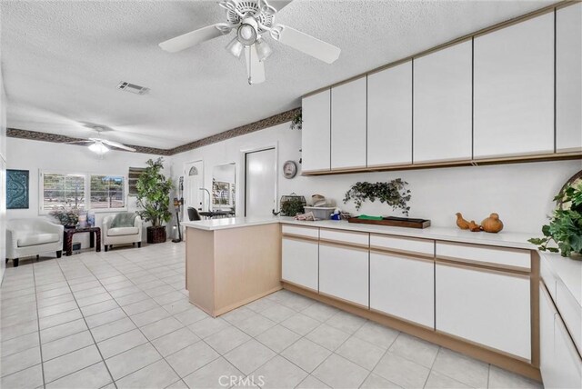 25270 Tradewinds Dr, Menifee, CA 92585 - kitchen featuring ceiling fan, light countertops, a textured ceiling, a peninsula, and open floor plan