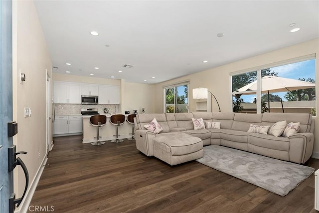 12178 Greenleaf Ln, Garden Grove, CA 92840 - living room featuring dark wood finished floors and recessed lighting