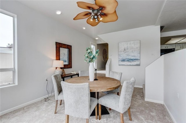 42768 Santa Suzanne Pl, Temecula, CA 92592 - dining room with light colored carpet, a ceiling fan, healthy amount of natural light, and recessed lighting