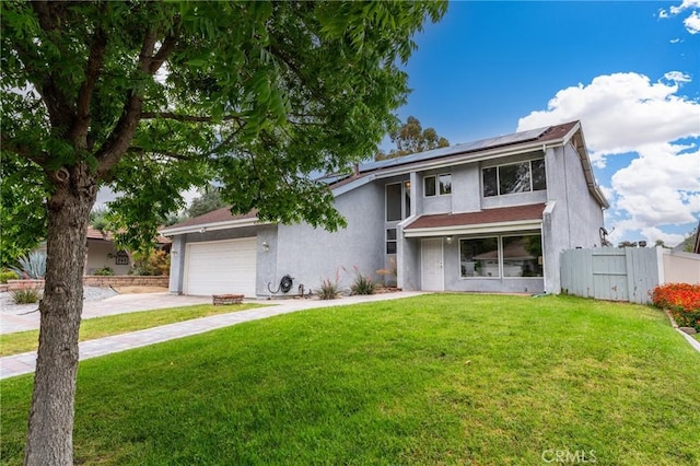 42768 Santa Suzanne Pl, Temecula, CA 92592 - view of front of house with stucco siding, roof mounted solar panels, concrete driveway, an attached garage, and a gate
