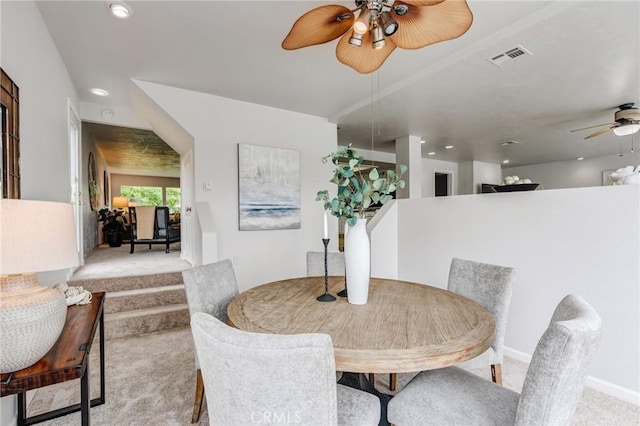 42768 Santa Suzanne Pl, Temecula, CA 92592 - dining area featuring ceiling fan, light carpet, and recessed lighting