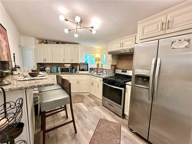 3238 Prospect Ave, La Crescenta, CA 91214 - kitchen with appliances with stainless steel finishes, under cabinet range hood, decorative backsplash, light wood-style floors, and lofted ceiling