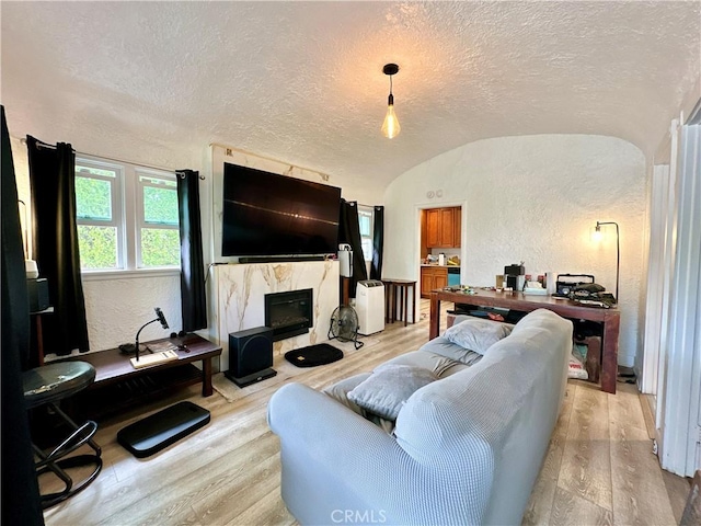3238 Prospect Ave, La Crescenta, CA 91214 - living room featuring vaulted ceiling, a textured ceiling, light wood-type flooring, a textured wall, and a fireplace