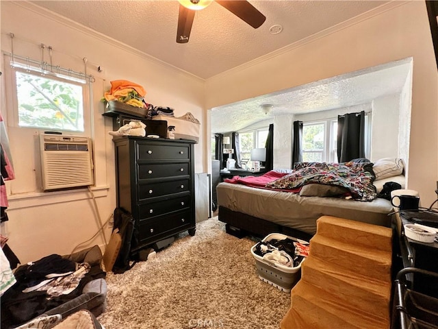 3238 Prospect Ave, La Crescenta, CA 91214 - bedroom with a textured ceiling, ornamental molding, carpet, and ceiling fan