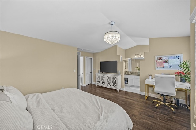 1519 San Rafael Pl, Corona, CA 92882 - bedroom featuring wood finished floors, vaulted ceiling, a chandelier, and connected bathroom