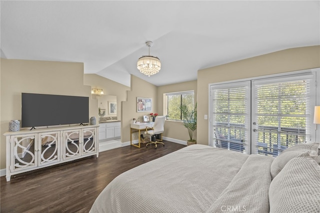 1519 San Rafael Pl, Corona, CA 92882 - bedroom featuring a chandelier, lofted ceiling, access to exterior, dark wood finished floors, and ensuite bath