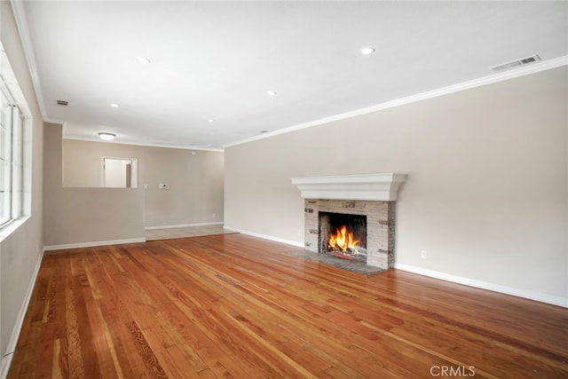 17450 Devonshire St, Northridge, CA 91325 - unfurnished living room featuring ornamental molding, a brick fireplace, wood finished floors, and recessed lighting